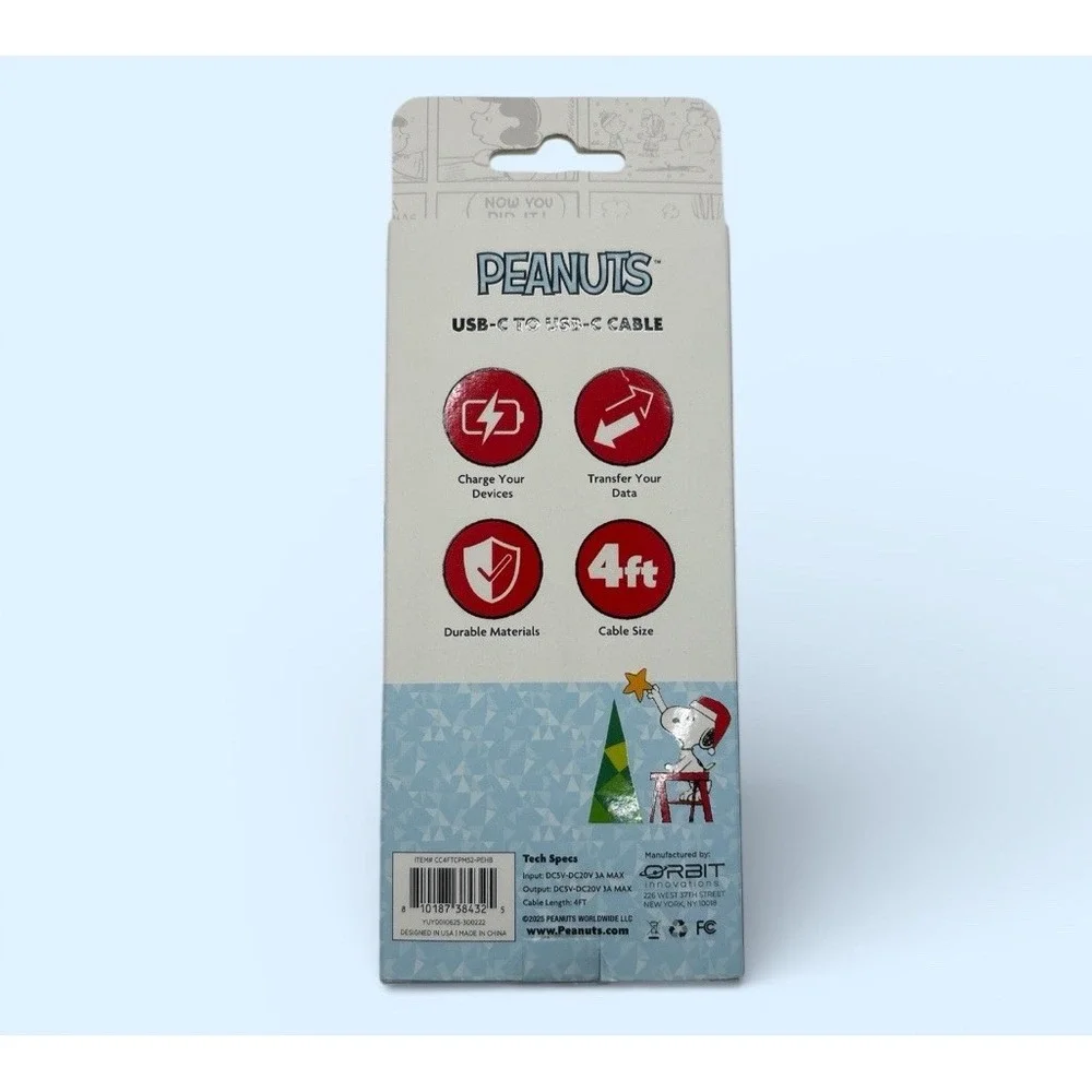 Peanuts Snoopy 4Ft USB-C To USBC Charger Cable Devices Holidays Christmas NIB